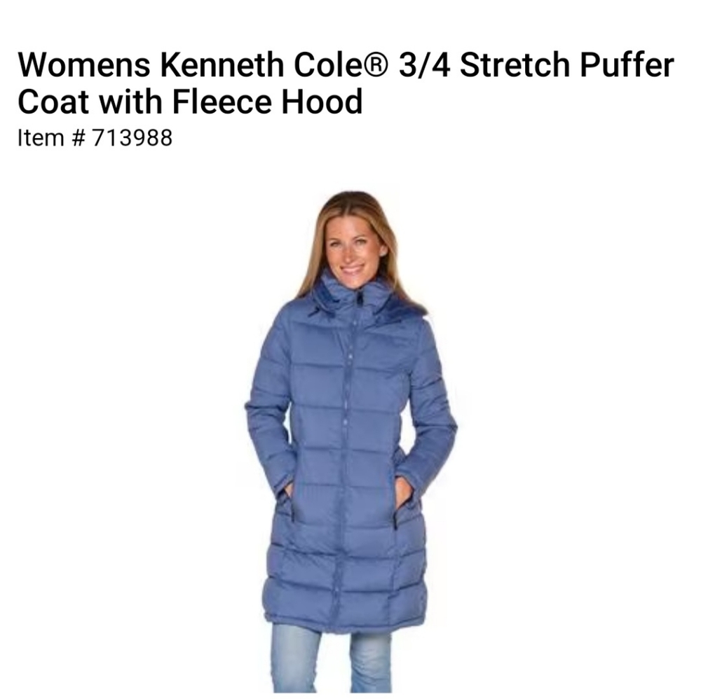 Brand New Blue Kenneth Cole New York Puffer Coat with Fleece Hood, Size S